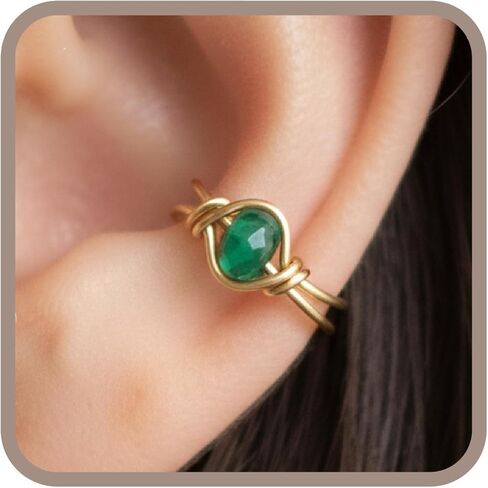 14k Gold Filled Emerald Gemstone Huggie Clip On Ear Cuff - No Piercing Needed - May Birthstone in Saudi Arabia