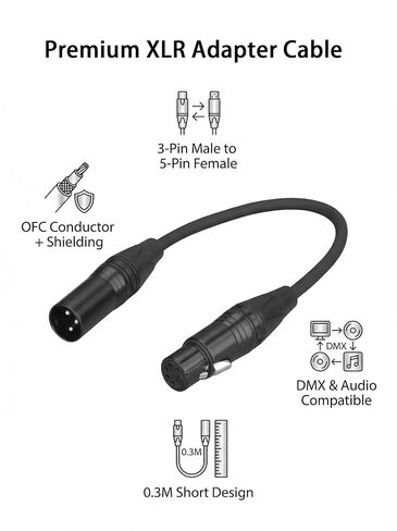 كابل محول DMX بطول 1 قدم - 3 دبابيس ذكر إلى 5 دبابيس أنثى XLR، ذكر إلى أنثى موصل XLR إلى DMX لإضاءة المسرح والصوت (30 سم) in Kuwait