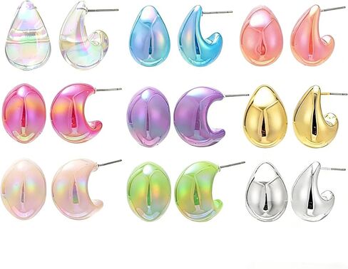 Fashion Forward Chunky Stud Earrings, 5Sets woman jewelry sets, earings set, water drop earings in Gold , Pink , Blue , Silver , beige.large tear drop earrings for women,Modern Statement Jewelry for Women, Packaged in a gift box in Kuwait