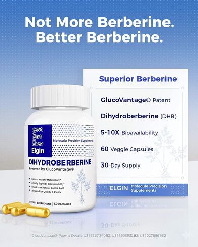 مكمل Elgin® Precision Berberine - مكمل GlucoVantage Dihydroberine الحاصل على براءة اختراع بقدرة امتصاص 5 مرات، يدعم التحكم الصحي في الوزن*، لطيف على المعدة، 60 كبسولة نباتية غير معدلة وراثيًا in Kuwait