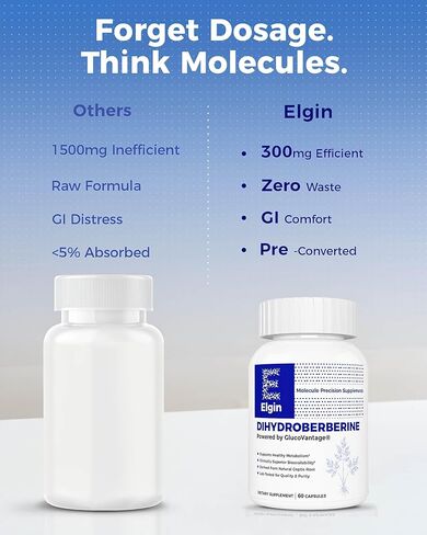 مكمل Elgin® Precision Berberine - مكمل GlucoVantage Dihydroberine الحاصل على براءة اختراع بقدرة امتصاص 5 مرات، يدعم التحكم الصحي في الوزن*، لطيف على المعدة، 60 كبسولة نباتية غير معدلة وراثيًا in Kuwait