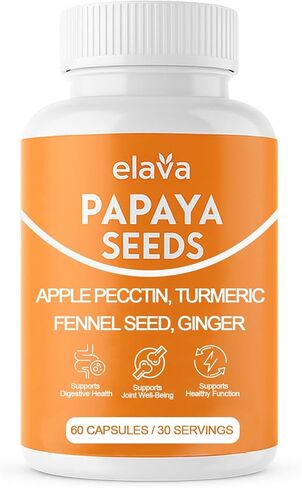 Elava Papaya Seeds Capsules, Supports Gut and Digestive Wellness, Natural Supplements with Turmeric, Ginger, Vegan | Non-GMO | Gluten & Lactose Free, 60 Capsules in Kuwait