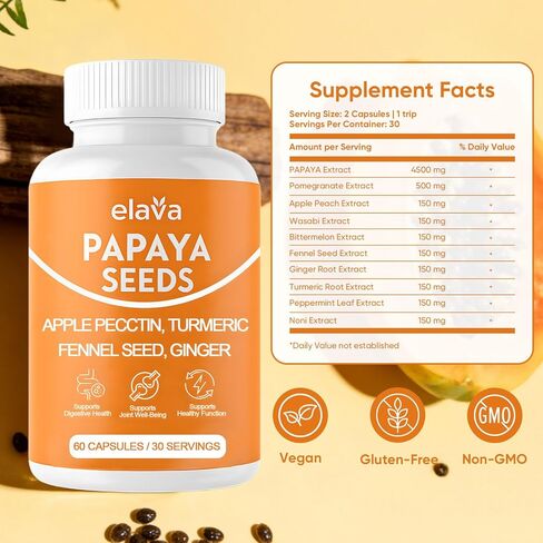 Elava Papaya Seeds Capsules, Supports Gut and Digestive Wellness, Natural Supplements with Turmeric, Ginger, Vegan | Non-GMO | Gluten & Lactose Free, 60 Capsules in Kuwait