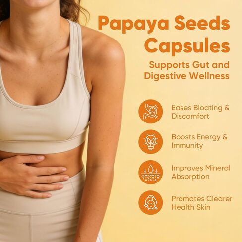 Elava Papaya Seeds Capsules, Supports Gut and Digestive Wellness, Natural Supplements with Turmeric, Ginger, Vegan | Non-GMO | Gluten & Lactose Free, 60 Capsules in Kuwait