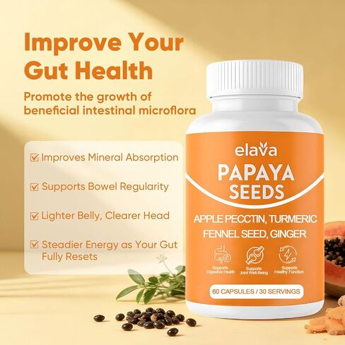 Elava Papaya Seeds Capsules, Supports Gut and Digestive Wellness, Natural Supplements with Turmeric, Ginger, Vegan | Non-GMO | Gluten & Lactose Free, 60 Capsules in Kuwait