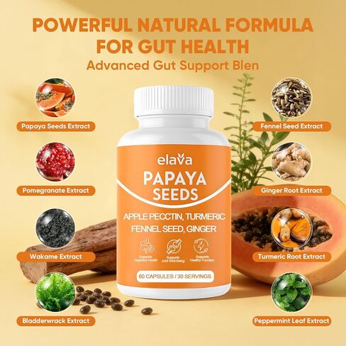 Elava Papaya Seeds Capsules, Supports Gut and Digestive Wellness, Natural Supplements with Turmeric, Ginger, Vegan | Non-GMO | Gluten & Lactose Free, 60 Capsules in Kuwait