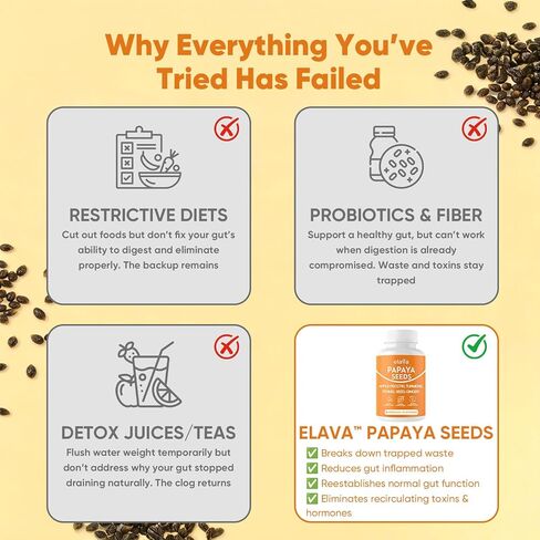 Elava Papaya Seeds Capsules, Supports Gut and Digestive Wellness, Natural Supplements with Turmeric, Ginger, Vegan | Non-GMO | Gluten & Lactose Free, 60 Capsules in Kuwait
