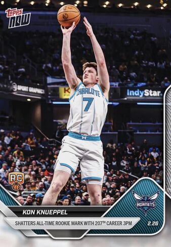 بطاقة التداول Topps Now Kon Knueppel RC، شارلوت هورنتس، تحطم العلامة الصاعدة طوال الوقت مع مسيرتها المهنية رقم 207 3PM in Kuwait