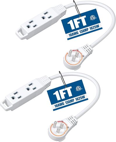 سلك تمديد مسطح دوار 360 درجة من DEWENWILS، شريط طاقة رفيع 3 شقوق، 16/3C 13A/125V/1625W، قابس دوار للمساحة الداخلية الضيقة، SJT-3، ETL مدرج، أبيض، عبوتان in Kuwait