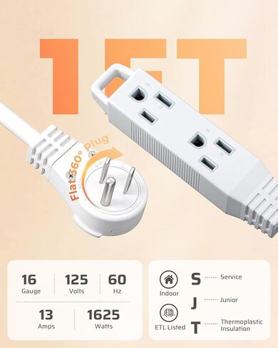 سلك تمديد مسطح دوار 360 درجة من DEWENWILS، شريط طاقة رفيع 3 شقوق، 16/3C 13A/125V/1625W، قابس دوار للمساحة الداخلية الضيقة، SJT-3، ETL مدرج، أبيض، عبوتان in Kuwait