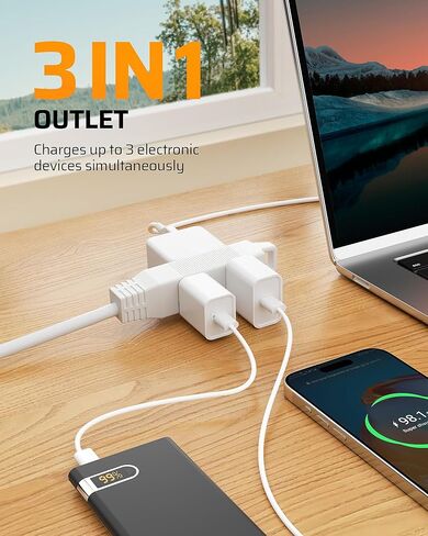 سلك تمديد مسطح دوار 360 درجة من DEWENWILS، شريط طاقة رفيع 3 شقوق، 16/3C 13A/125V/1625W، قابس دوار للمساحة الداخلية الضيقة، SJT-3، ETL مدرج، أبيض، عبوتان in Kuwait