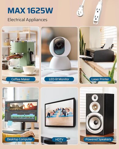 سلك تمديد مسطح دوار 360 درجة من DEWENWILS، شريط طاقة رفيع 3 شقوق، 16/3C 13A/125V/1625W، قابس دوار للمساحة الداخلية الضيقة، SJT-3، ETL مدرج، أبيض، عبوتان in Kuwait
