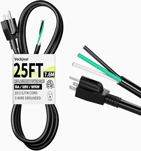 Vickwire 10 ft 10/3 Appliance and Power Tool Cord, 10 AWG 3 Prong Black Heavy Duty Replacement Power Cord with Open End, NEMA 5-15P, 125V AC Pigtail, 15A 1875W, ETL Listed in Kuwait