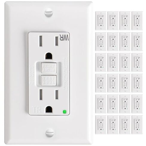 Amico 24 حزمة 15 أمبير منفذ GFCI بتصميم أنحف، مقاوم للطقس (WR)، أوعية GFI للاختبار الذاتي مع مؤشر LED، لوحات جدارية ومسامير متضمنة، داخلي أو خارجي، أبيض، مدرج في قائمة ETL in Kuwait