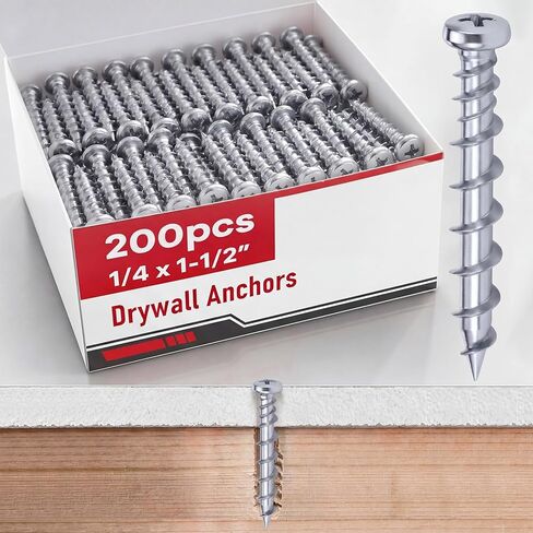 Blulu 200 Pcs Drywall Anchors 1/4 x 1-1/2 Inch Pan Head Alloy Steel Light Wall Anchors Heavy Duty Self Drilling Screws for Drywall, Wood and Other Masonry Materials(White) in Kuwait