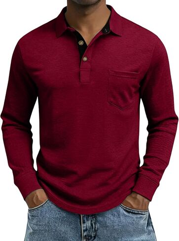 Men's Casual Polo Shirts Classic Button Basic Long Sleeve Shirt Solid Color Tees Business Work Tops with Pocket in Kuwait