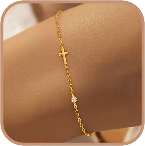 925 Sterling Silver Cross Bracelet for Women Mom Dainty 14K Gold Plated Non Tarnish Trendy CZ Horizontal Cross Bracelets Birthstone Sideway Crucifix Faith Charm Link Valentine Day Jewelry Gift for Her in Saudi Arabia