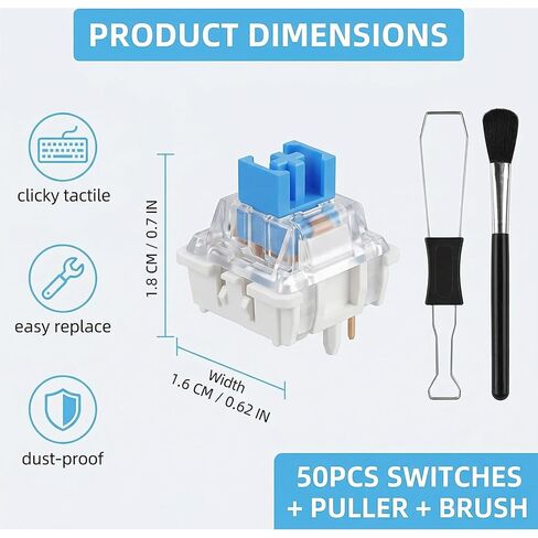 50Pcs Keyboard Clicker,Mechanical Keyboard Switches,3 Pin Clicky Switches with Brush and Key Puller,Clickers for 3D Prints,Dustproof,Keyboard Keys for Mechanical Gaming Keyboards,Typing in Kuwait