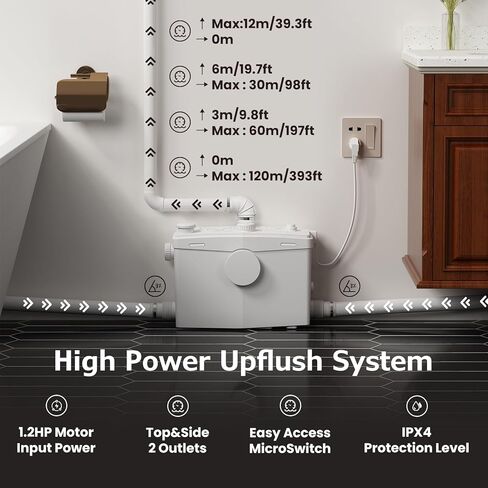 900W Basement Upflush Toilet System, Macerating Toilet with Pump, Head Lift Up to 39.3ft, Included Two-piece Elongated Bowl, 4 Inlets, Top & Side Discharge Macerator Pump, Extension Pipe in Saudi Arabia