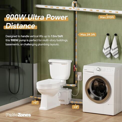900W Basement Upflush Toilet System, Macerating Toilet with Pump, Head Lift Up to 39.3ft, Included Two-piece Elongated Bowl, 4 Inlets, Top & Side Discharge Macerator Pump, Extension Pipe in Saudi Arabia