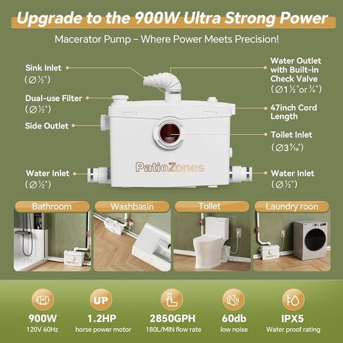 900W Basement Upflush Toilet System, Macerating Toilet with Pump, Head Lift Up to 39.3ft, Included Two-piece Elongated Bowl, 4 Inlets, Top & Side Discharge Macerator Pump, Extension Pipe in Saudi Arabia