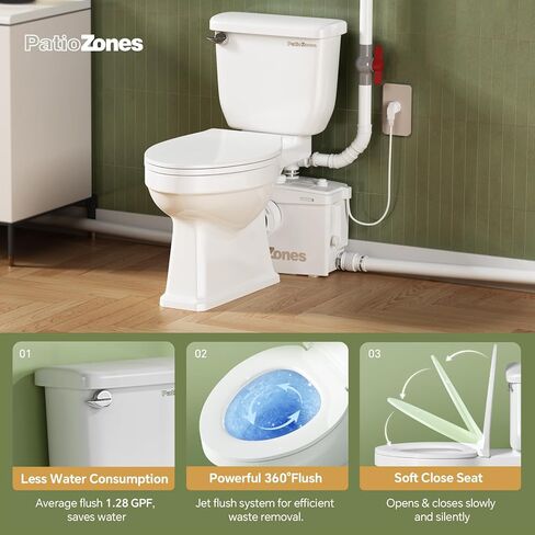 900W Basement Upflush Toilet System, Macerating Toilet with Pump, Head Lift Up to 39.3ft, Included Two-piece Elongated Bowl, 4 Inlets, Top & Side Discharge Macerator Pump, Extension Pipe in Saudi Arabia