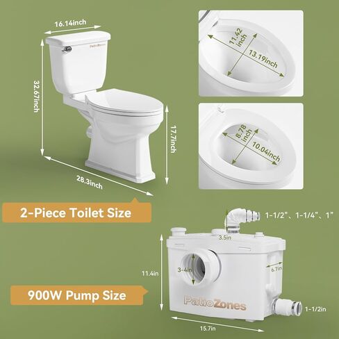 900W Basement Upflush Toilet System, Macerating Toilet with Pump, Head Lift Up to 39.3ft, Included Two-piece Elongated Bowl, 4 Inlets, Top & Side Discharge Macerator Pump, Extension Pipe in Saudi Arabia