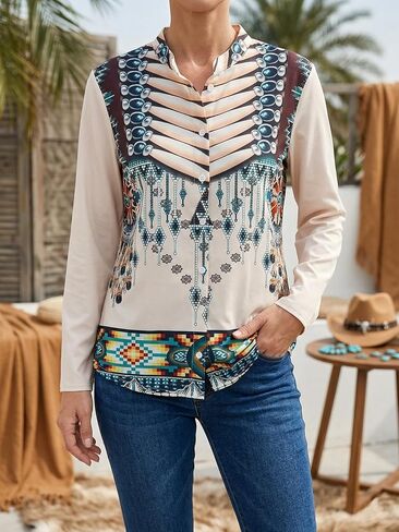 Women's Western Bohemian Style Printed Slim-fit Geometric Print Long-Sleeved Shirt Suitable for Spring and Summer in Saudi Arabia