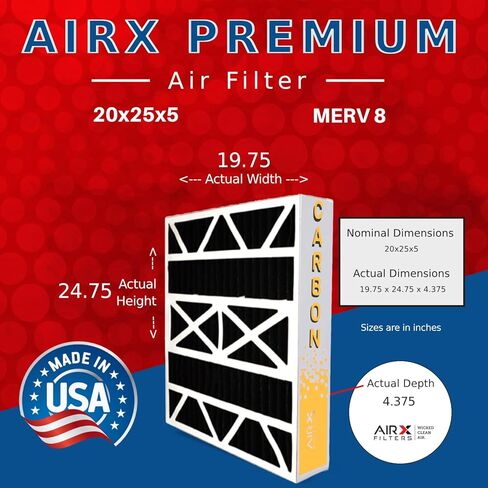 مرشحات AIRX الهواء النظيف الشرير. فلتر هواء 20 × 25 × 5، فلتر كربون مزيل للروائح، ميرف 8 متوافق مع براينت كاريير FILXXCAR0020، عبوة من قطعتين in Kuwait