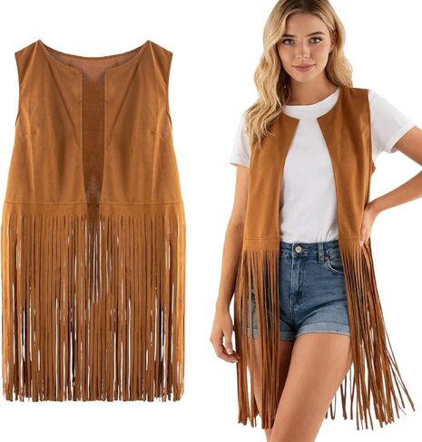 Fringe Vest Women Western, Cowgirl Vest for Women, Sleeveless Hippie Faux Suede Trim Cardigan for Party and Travel, Personalized Gifts(Brown) in Saudi Arabia