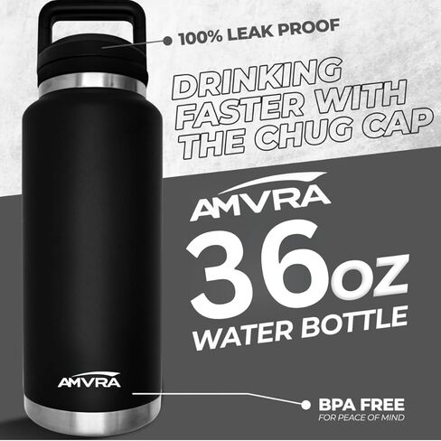 AMVRA Rambler 36 oz Stainless Steel Water Bottle with Chug Cap – Vacuum Insulated, Leakproof, BPA Free – Keeps Drinks Cold 24H Hot 12H – Reusable Travel Bottle, Black in Kuwait