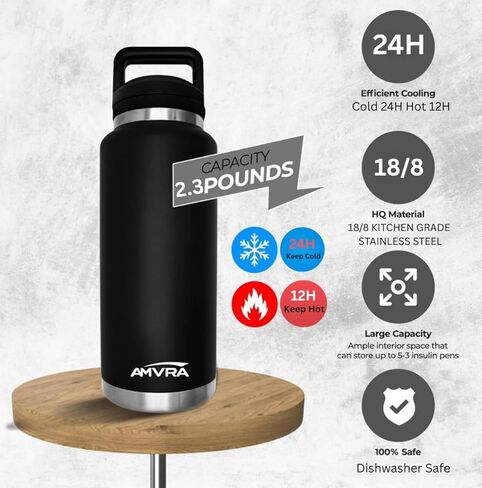 AMVRA Rambler 36 oz Stainless Steel Water Bottle with Chug Cap – Vacuum Insulated, Leakproof, BPA Free – Keeps Drinks Cold 24H Hot 12H – Reusable Travel Bottle, Black in Kuwait