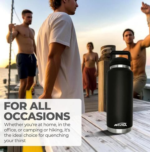 AMVRA Rambler 36 oz Stainless Steel Water Bottle with Chug Cap – Vacuum Insulated, Leakproof, BPA Free – Keeps Drinks Cold 24H Hot 12H – Reusable Travel Bottle, Black in Kuwait