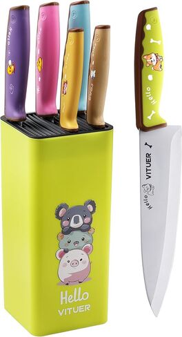 Knife Set, Vituer 7PCS Stainless Steel Kitchen Knife Block Set, Dishwasher Safe (Stylish Animal Characters) in Kuwait