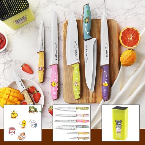 Knife Set, Vituer 7PCS Stainless Steel Kitchen Knife Block Set, Dishwasher Safe (Stylish Animal Characters) in Kuwait