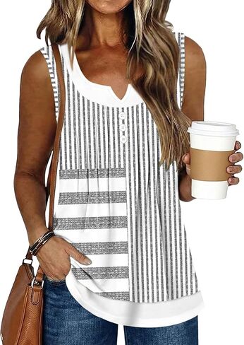 Womens Summer Tops Casual Scoop Neck Button Pleated Sleeveless Shirts Loose Fit Trendy Blouses in Saudi Arabia