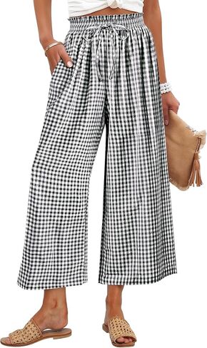 ANRABESS Womens Striped Gingham Palazzo Capri Pants Pajama Wide Leg Lounge Trousers Plaid Cute Crop PJ Bottoms with Pockets in Saudi Arabia