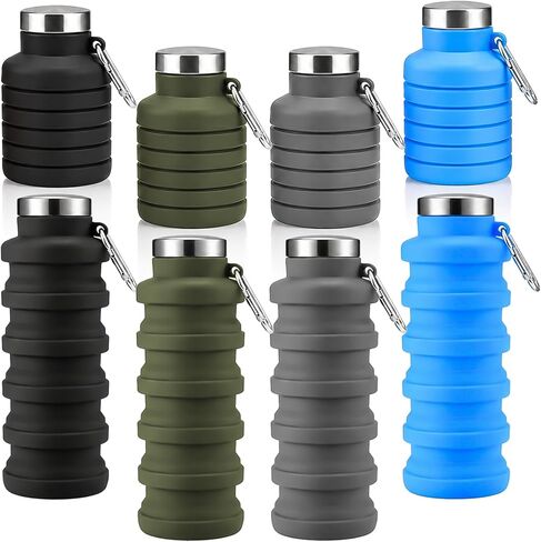 4 Pack Collapsible Water Bottles, 16oz Portable Reusable Silicone Water Bottle, Foldable Water Bottles for Travel Gym Camping Hiking, Leak Proof Sports Water Bottle with Carabiner (Deep Color) in Kuwait