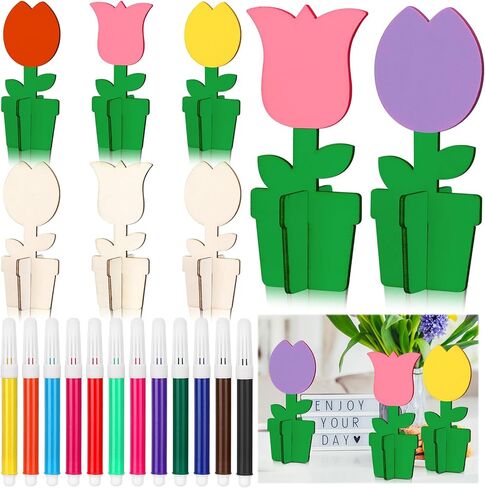 Huwena 36 Pcs Spring Crafts Set Include 24 Wood Flower 3D Flower Cutouts 12 Colored Pens Unfinished Tulip Slices Wooden Flower to Paint for Mother's Day DIY Spring Tiered Tray Decor Table Centerpiece in Saudi Arabia