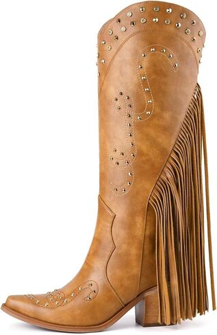 Cowboy Boots for Women Fringe Knee High Cowgirl Boots | Rivet & Rhinestone Studded, Pointed Toe, Comfy Chunky Block Heel, Fashion Western Boot, Footwear for Country Music Festival in Saudi Arabia