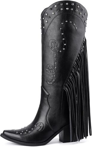 Cowboy Boots for Women Fringe Knee High Cowgirl Boots | Rivet & Rhinestone Studded, Pointed Toe, Comfy Chunky Block Heel, Fashion Western Boot, Footwear for Country Music Festival in Saudi Arabia