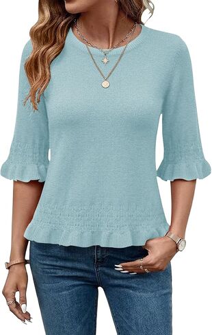 AKEWEI Womens 3/4 Sleeve Sweater Crewneck Knit Peplum Tops Lightweight Casual Pullover Cropped Sweaters in Saudi Arabia