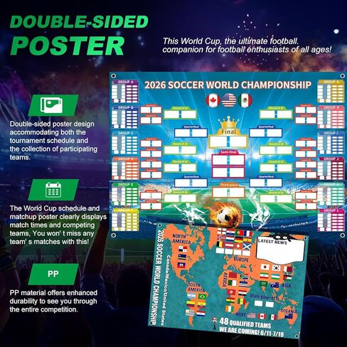 ملصق جدول كأس العالم 2026 من بروثينز | المباريات تركيبات مزدوجة من جانب كأس العالم 2026 الجدار الرسم البياني الديكور لعشاق كرة القدم | ديكورات حفلات يوم اللعبة قابلة لإعادة الاستخدام وملصق دعامة وظيفية in Kuwait