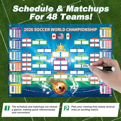 ملصق جدول كأس العالم 2026 من بروثينز | المباريات تركيبات مزدوجة من جانب كأس العالم 2026 الجدار الرسم البياني الديكور لعشاق كرة القدم | ديكورات حفلات يوم اللعبة قابلة لإعادة الاستخدام وملصق دعامة وظيفية in Kuwait