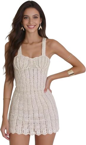 Women's Crochet Knit Mini Dress Spaghetti Straps Pearl Sheel V Neck Bikini Ruffle Hem Beach Dresses Coverups in Saudi Arabia