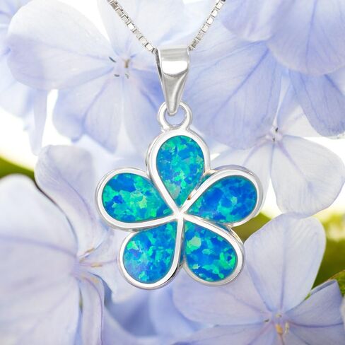 Honolulu Jewelry Company Sterling Silver Plumeria Flower Necklace Pendant with Simulated Blue Opal in Saudi Arabia