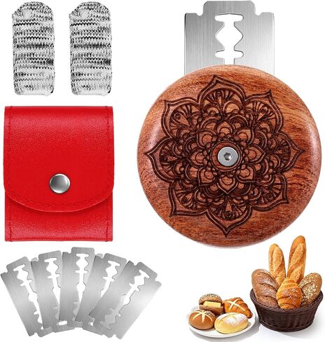 Tucnoeu Bread Lame Sourdough Scoring Tool Set, Wooden Bread Lame with Razor Blades, Leather Storage Cover, Ideal for Artisan Breads Bakers in Kuwait