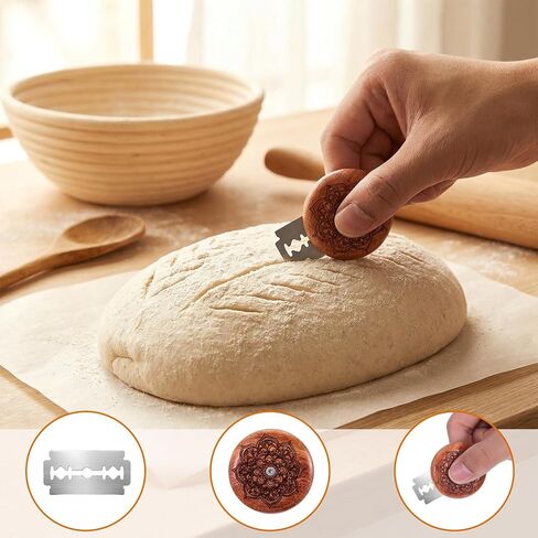 Tucnoeu Bread Lame Sourdough Scoring Tool Set, Wooden Bread Lame with Razor Blades, Leather Storage Cover, Ideal for Artisan Breads Bakers in Kuwait