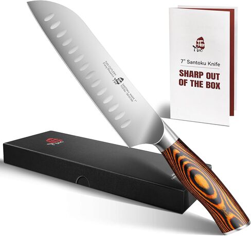 سكين TUO Santoku، سكين الشيف الياباني مقاس 7 بوصة لتقطيع الخضروات وتقطيع اللحوم، فولاذ ألماني عالي الكربون، مقبض مريح - سلسلة فينيكس الناري in Kuwait