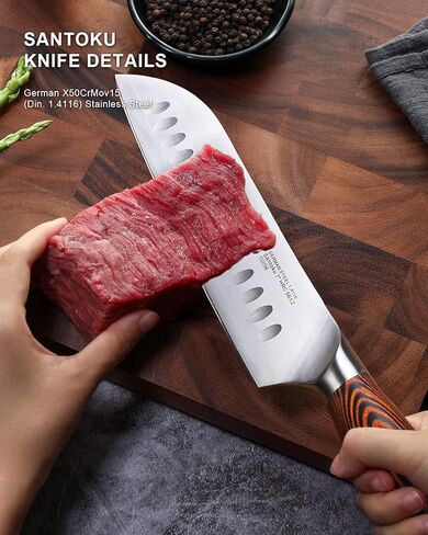 سكين TUO Santoku، سكين الشيف الياباني مقاس 7 بوصة لتقطيع الخضروات وتقطيع اللحوم، فولاذ ألماني عالي الكربون، مقبض مريح - سلسلة فينيكس الناري in Kuwait